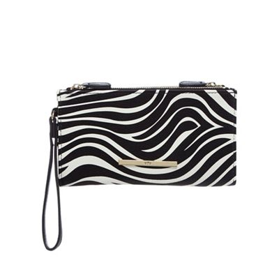 Black zebra print double zip large purse